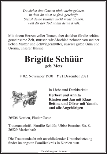 Traueranzeige von Brigitte Schüür 