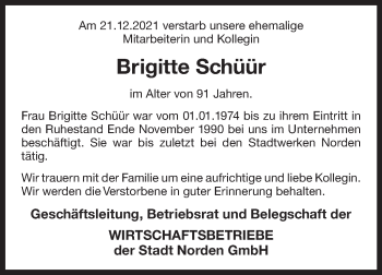 Traueranzeige von Brigitte Schüür 