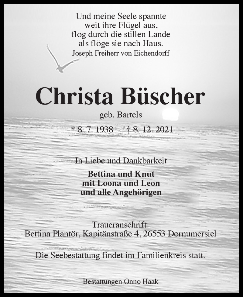  Traueranzeige für Christa Büscher vom 10.12.2021 aus 