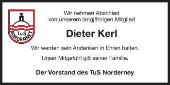 Traueranzeige von Dieter Kerl 