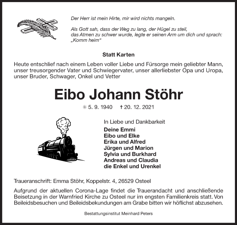  Traueranzeige für Eibo Johann Stöhr vom 22.12.2021 aus 