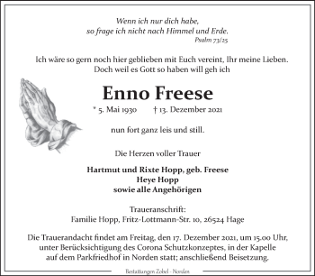 Traueranzeige von Enno Freese 