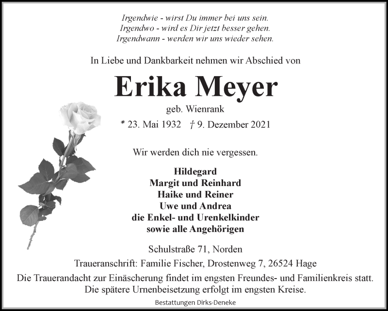  Traueranzeige für Erika Meyer vom 13.12.2021 aus 