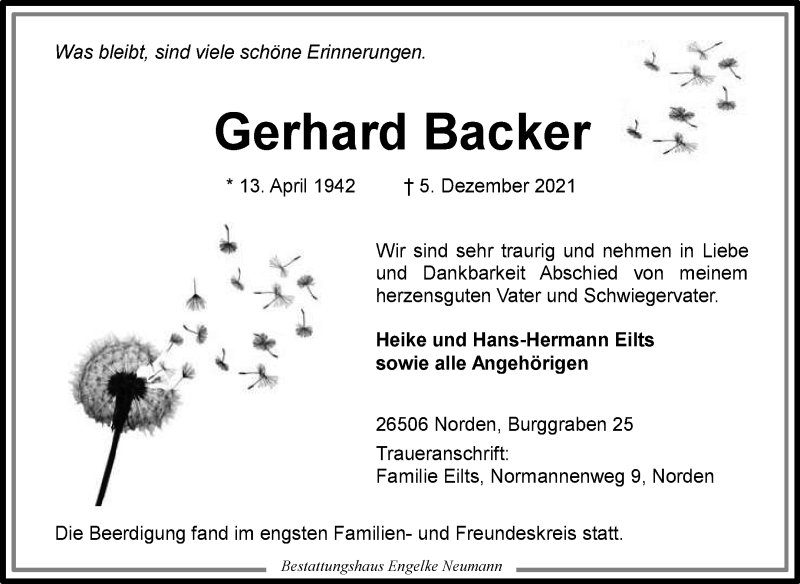  Traueranzeige für Gerhard Backer vom 11.12.2021 aus 