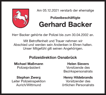 Traueranzeige von Gerhard Backer 