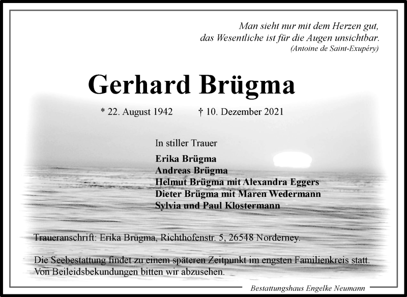  Traueranzeige für Gerhard Brügma vom 14.12.2021 aus 