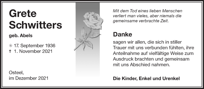  Traueranzeige für Grete Schwitters vom 11.12.2021 aus 