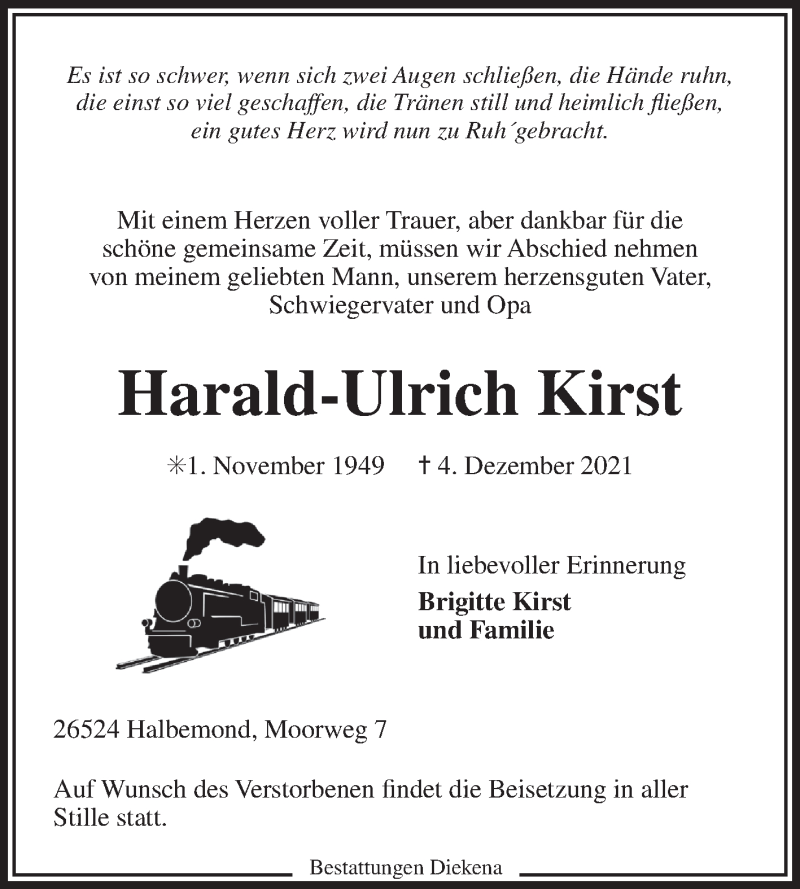  Traueranzeige für Harald-Ulrich Kirst vom 07.12.2021 aus 