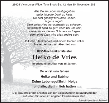 Traueranzeige von Heiko de Vries 