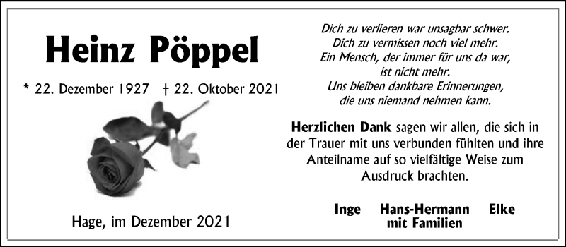  Traueranzeige für Heinz Pöppel vom 04.12.2021 aus 