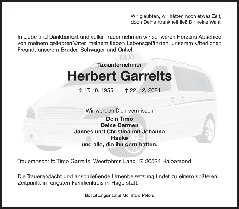  Traueranzeige für Herbert Garrelts vom 31.12.2021 aus 