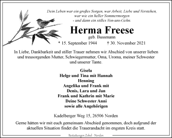 Traueranzeige von Herma Freese 
