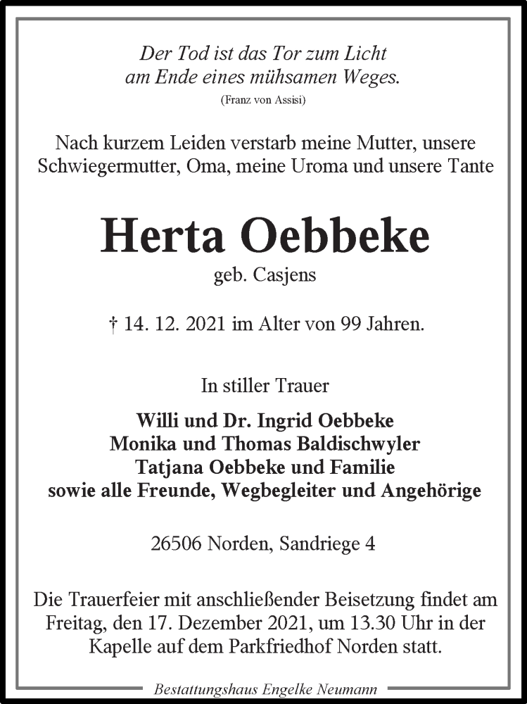  Traueranzeige für Herta Oebbeke vom 15.12.2021 aus 