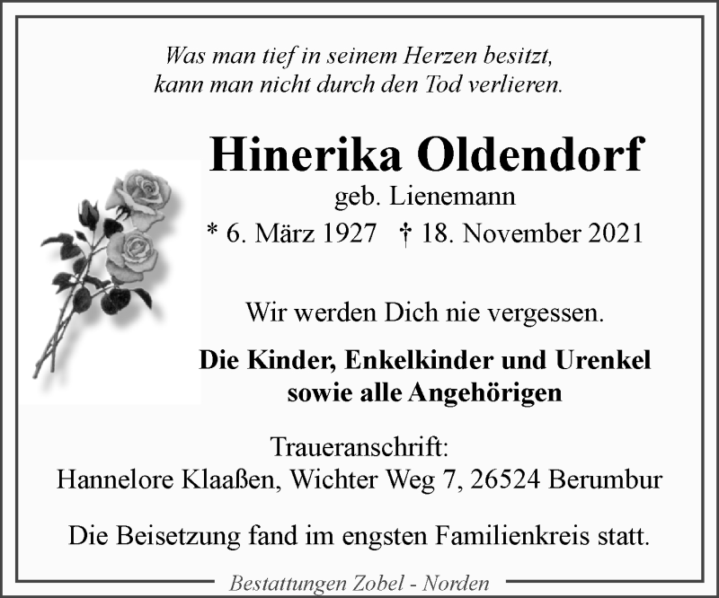  Traueranzeige für Hinerika Oldendorf vom 04.12.2021 aus 