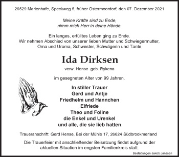 Traueranzeige von Ida Dirksen 