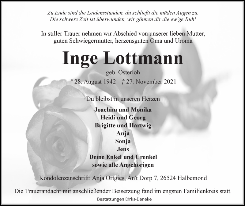  Traueranzeige für Inge Lottmann vom 02.12.2021 aus 