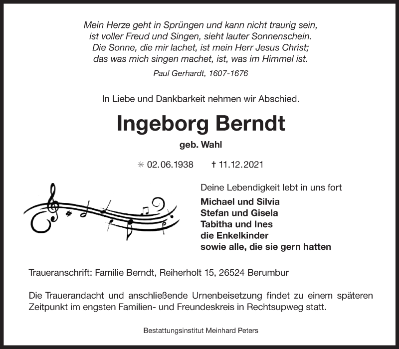  Traueranzeige für Ingeborg Berndt vom 18.12.2021 aus 