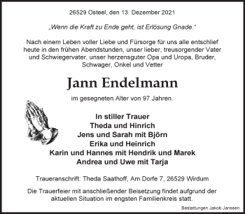 Traueranzeige von Jann Endelmann 