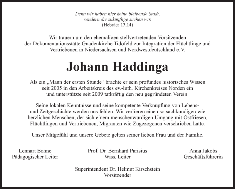  Traueranzeige für Johann Haddinga vom 29.12.2021 aus 