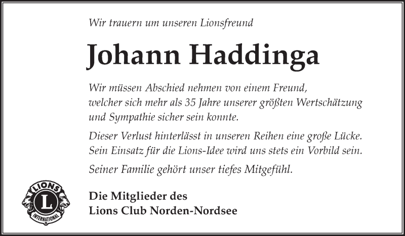  Traueranzeige für Johann Haddinga vom 29.12.2021 aus 