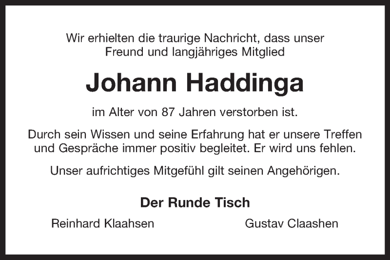  Traueranzeige für Johann Haddinga vom 30.12.2021 aus 