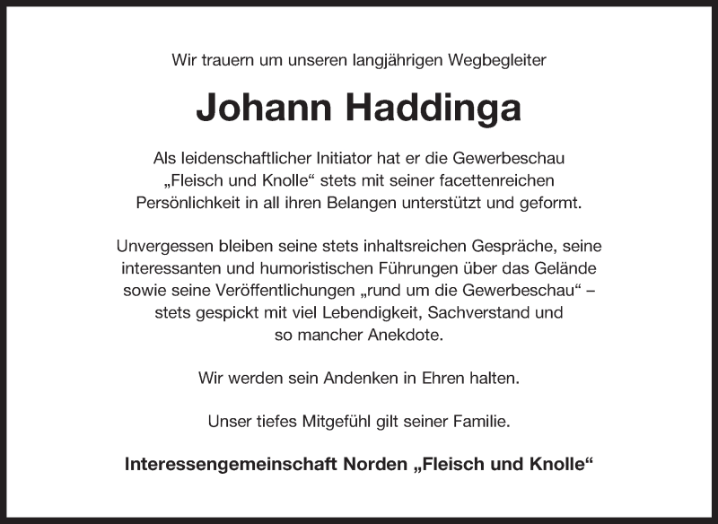  Traueranzeige für Johann Haddinga vom 30.12.2021 aus 