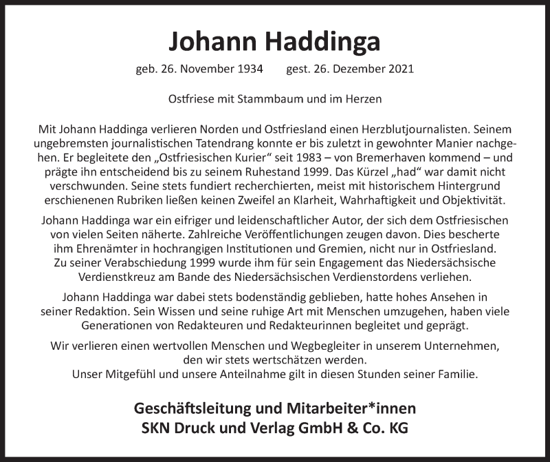  Traueranzeige für Johann Haddinga vom 29.12.2021 aus 