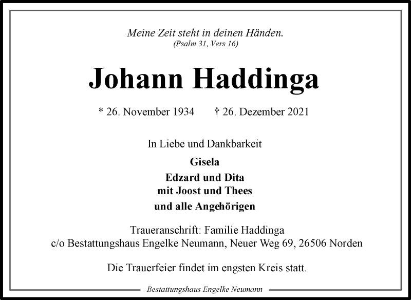  Traueranzeige für Johann Haddinga vom 28.12.2021 aus 