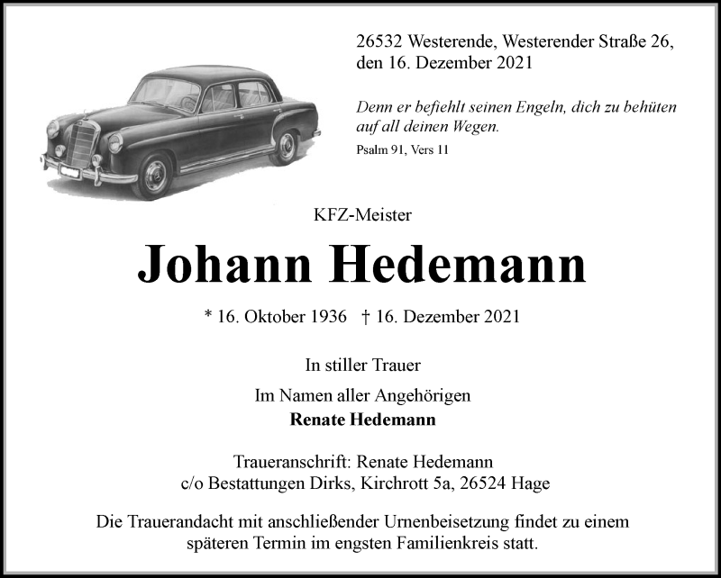  Traueranzeige für Johann Hedemann vom 21.12.2021 aus 