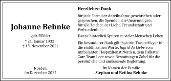 Traueranzeige von Johanne Behnke 