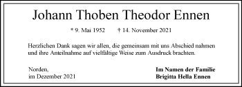 Traueranzeige von Johann Thoben Theodor Ennen 