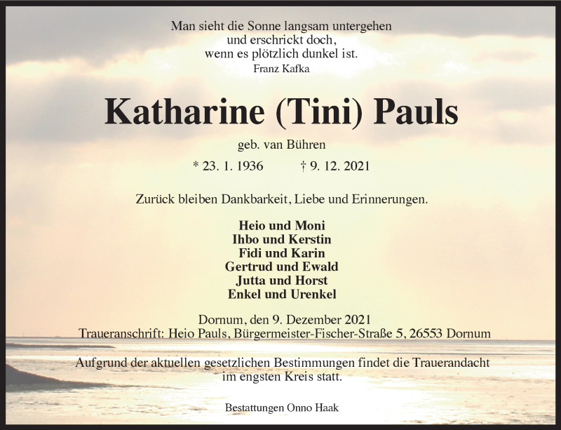  Traueranzeige für Katharine Pauls vom 11.12.2021 aus 
