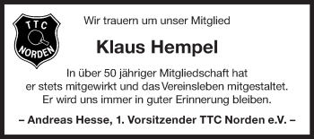 Traueranzeige von Klaus Hempel 