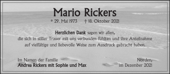Traueranzeige von Mario Rickers 