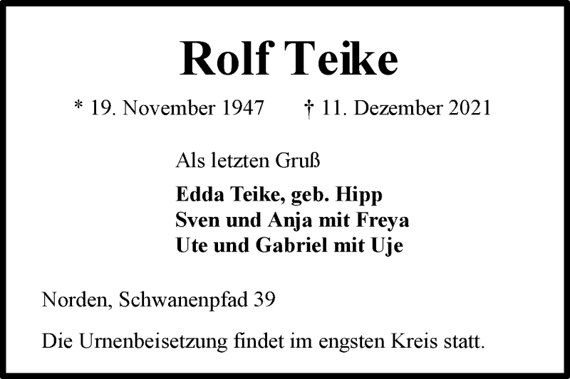  Traueranzeige für Rolf Teike vom 18.12.2021 aus 