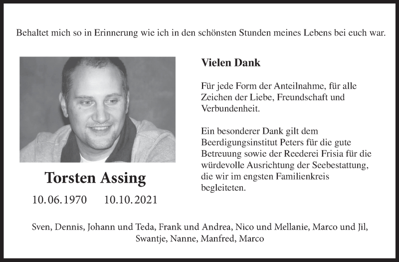  Traueranzeige für Torsten Assing vom 04.12.2021 aus 