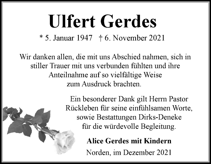  Traueranzeige für Ulfert Gerdes vom 18.12.2021 aus 