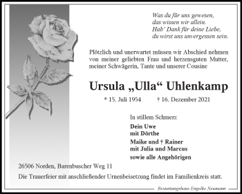 Traueranzeige von Ursula Uhlenkamp 