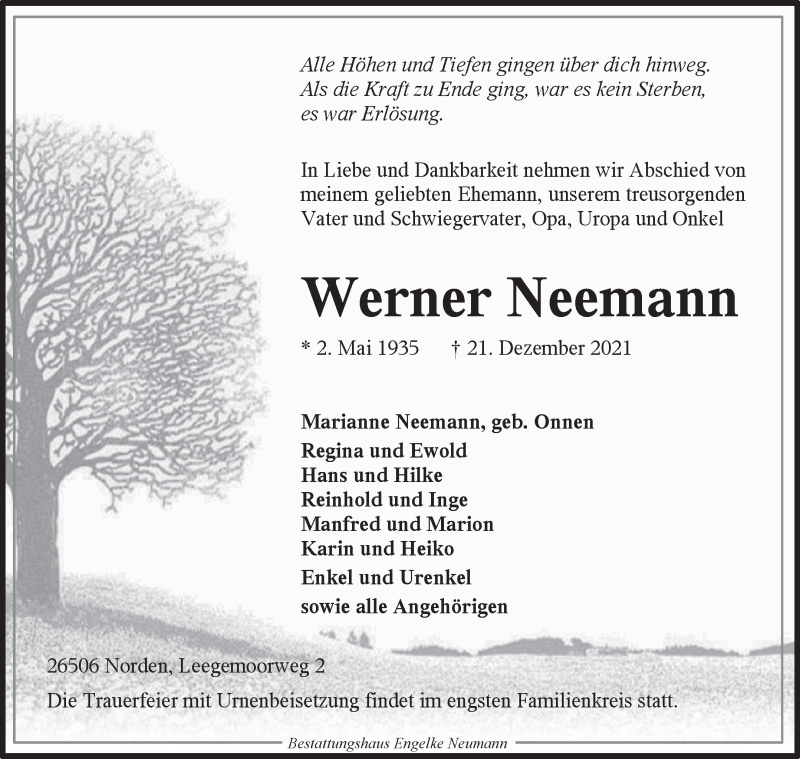  Traueranzeige für Werner Neemann vom 23.12.2021 aus 