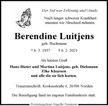 Traueranzeige von Berendine Luitjens 