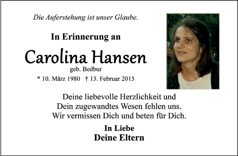  Traueranzeige für Carolina Hansen vom 13.02.2021 aus 