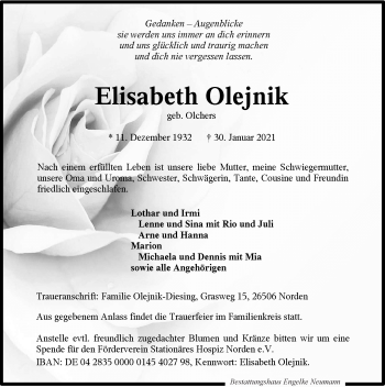 Traueranzeige von Elisabeth Olejnik 