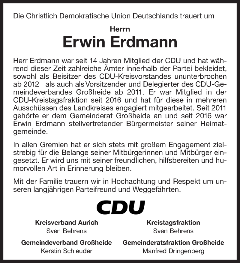  Traueranzeige für Erwin Erdmann vom 19.02.2021 aus 