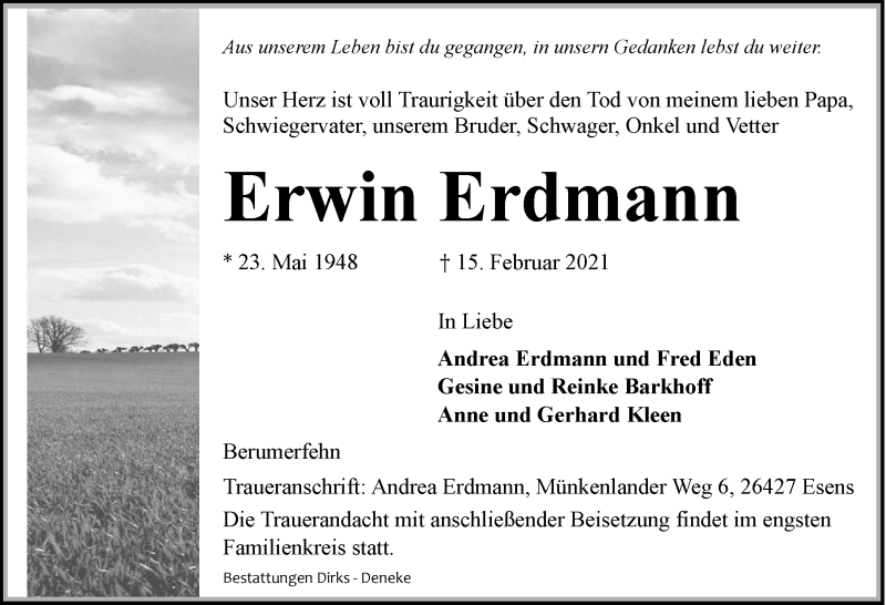  Traueranzeige für Erwin Erdmann vom 18.02.2021 aus 