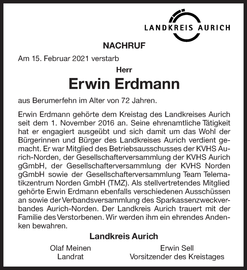  Traueranzeige für Erwin Erdmann vom 19.02.2021 aus 