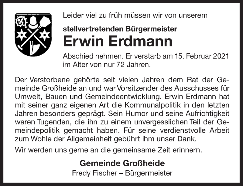  Traueranzeige für Erwin Erdmann vom 19.02.2021 aus 