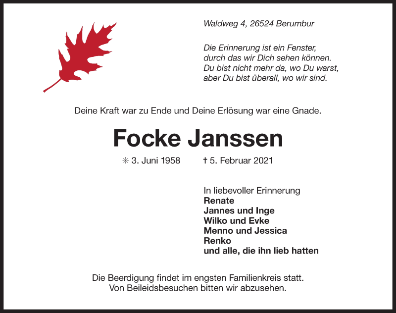  Traueranzeige für Focke Janssen vom 08.02.2021 aus 