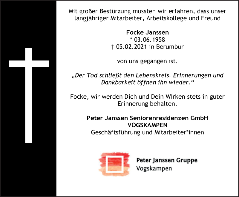  Traueranzeige für Focke Janssen vom 13.02.2021 aus 