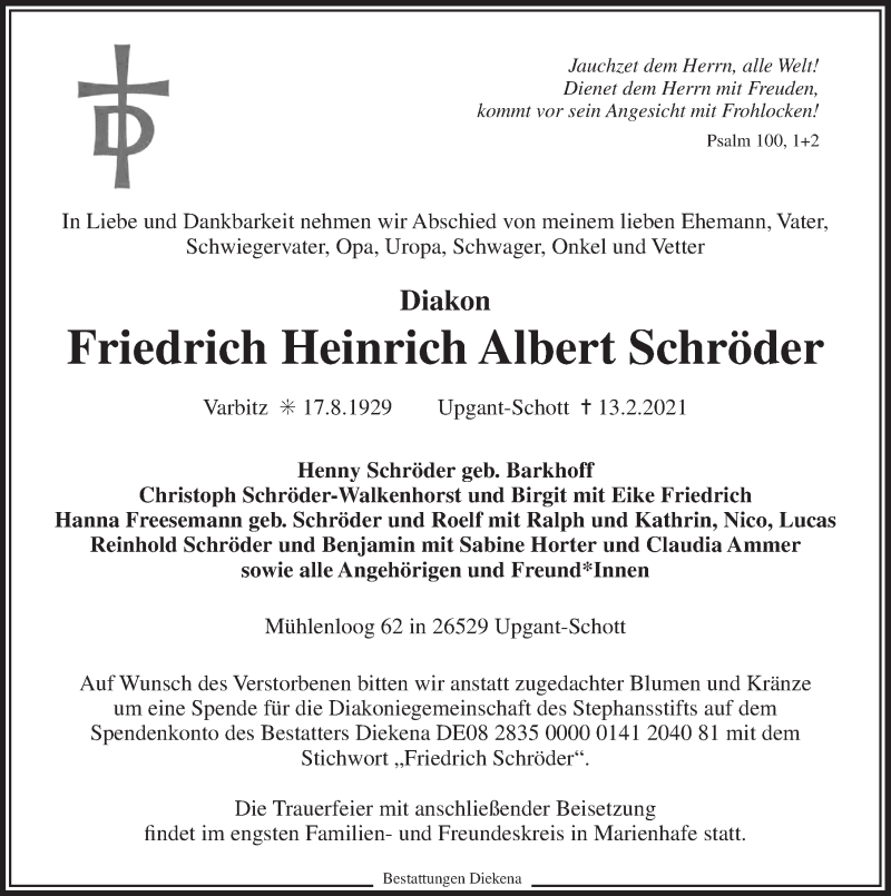  Traueranzeige für Friedrich Heinrich Albert Schröder vom 16.02.2021 aus 