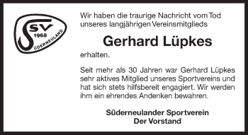 Traueranzeige von Gerhard Lüpkes 